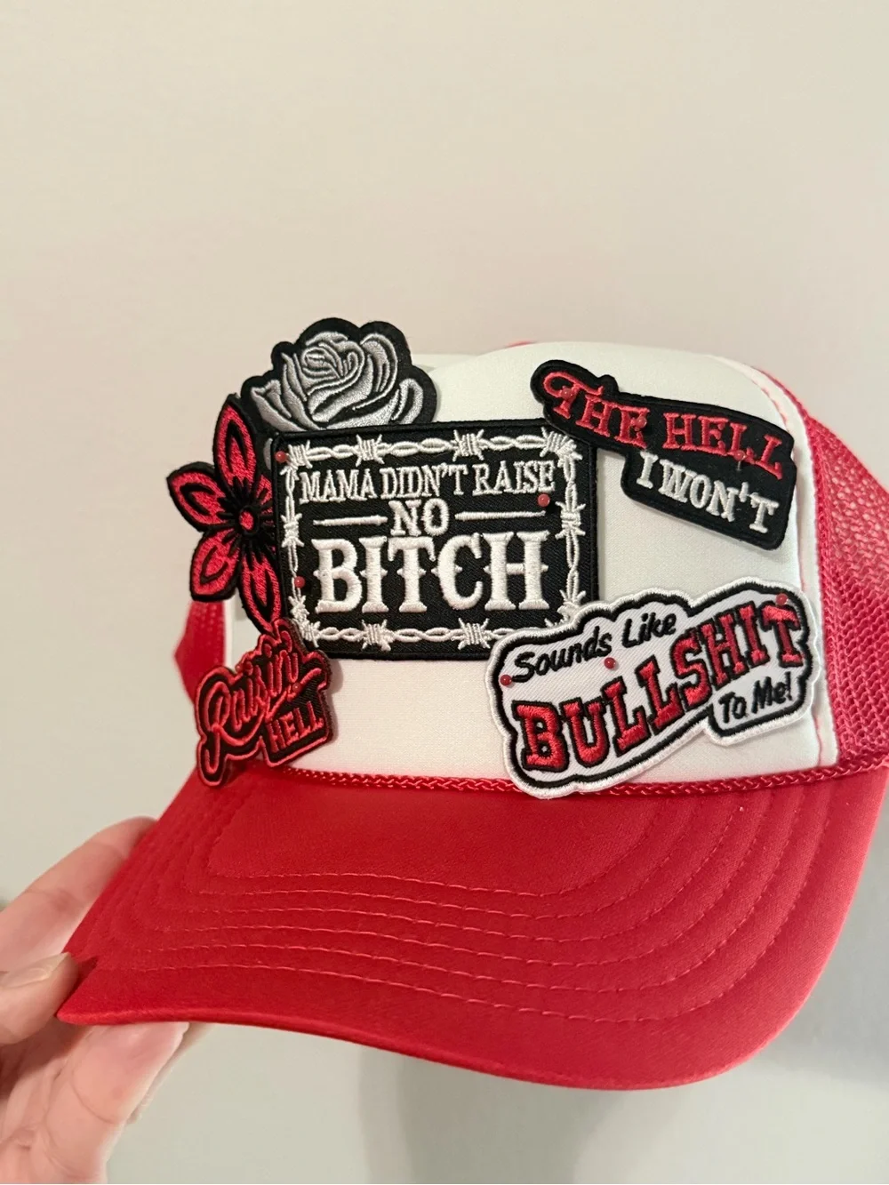 Red and White Patch Trucker Hat - Bold Statement Cap